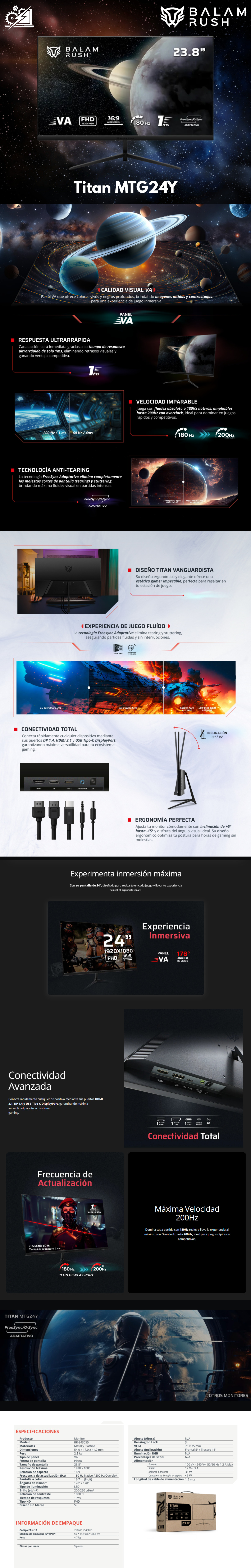 Monitor Gamer Balam Rush Titan MTG24Y 24 Pulgadas Full HD G-Sync/FreeSync Adaptativo 180Hz 1Ms HDMI DisplayPort Negro