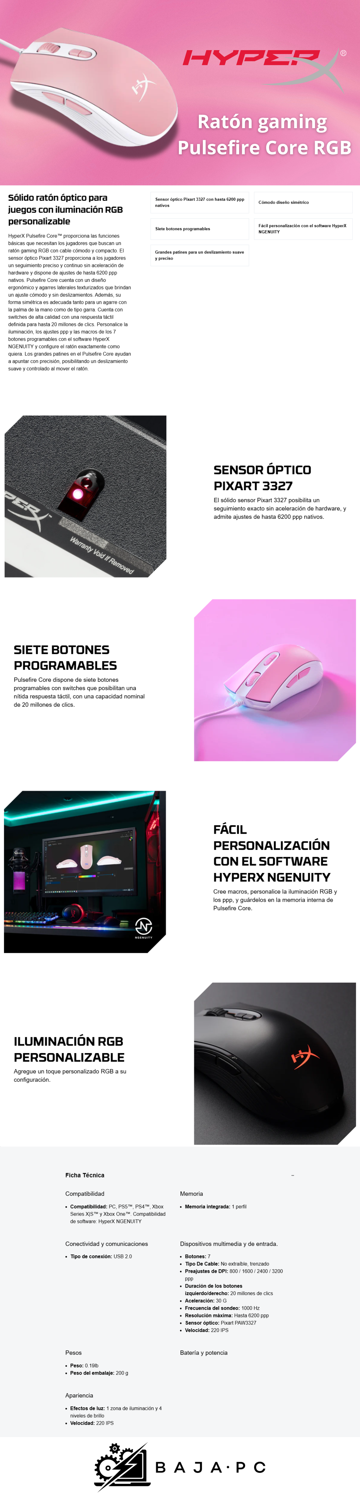 Mouse Gamer Hyperx Pulsefire Core Blanco Rosa / USB 2.0 / Cable de 1.8Mts. / 123g 