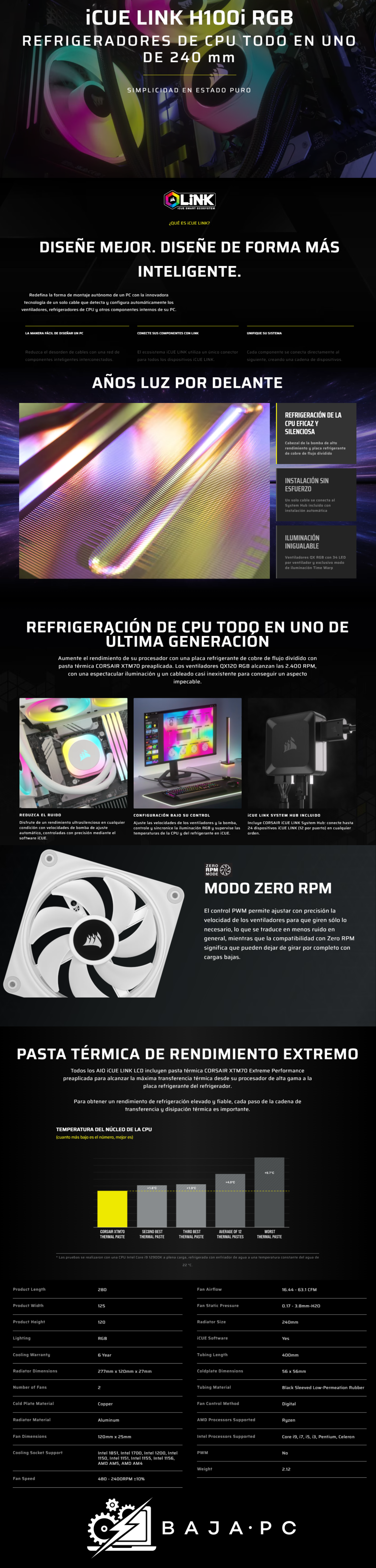 Enfriamiento Líquido Corsair H100i iCue Link RGB AIO 240 / 2x120mm / White / 480-2400 RPM / CW-9061005-WW