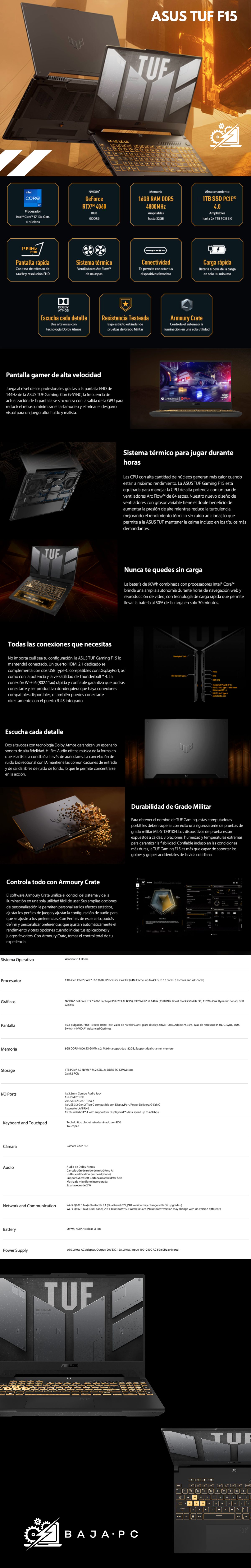 Laptop Gamer Asus TUF F15 FX507 / Intel Core I7-13620H / RTX 4060 / 16GB RAM / 1TB SSD / Pantalla 15.6" FHD  / Mecha Grey / Teclado en Ingles / W11 Home