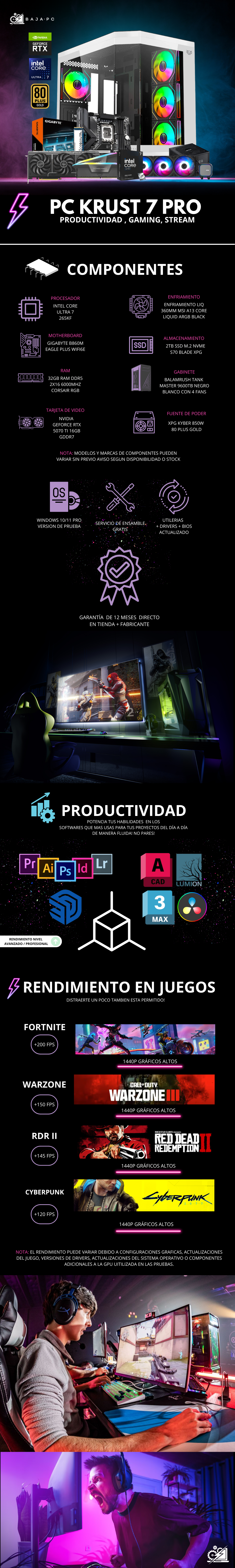 PC KRUST 7 PRO / INTEL CORE ULTRA 7 265KF / RTX 5070 TI / 32GB RAM DDR5 / 2TB SSD NVME / ENFRIAMIENTO LIQ 360MM / FUENTE 850W 80+ GOLD / PROMOCION