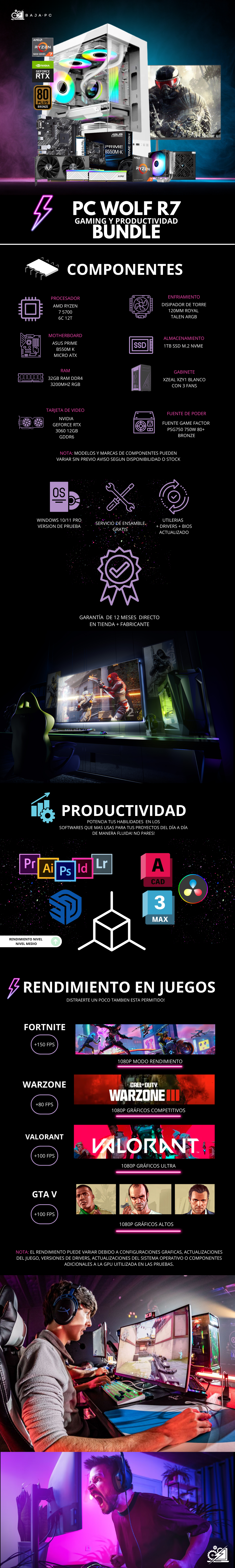 PC WOLF R7 BUNDLE / AMD RYZEN 7 5700 / RTX 3060 / 32GB RAM / 1TB SSD NVME / DISIPADOR DE TORRE ARGB / B550M / FUENTE 750W 80+ BRONZE/ MONITOR 144HZ FHD 1MS 23.8" / W11 PRO / PROMOCION