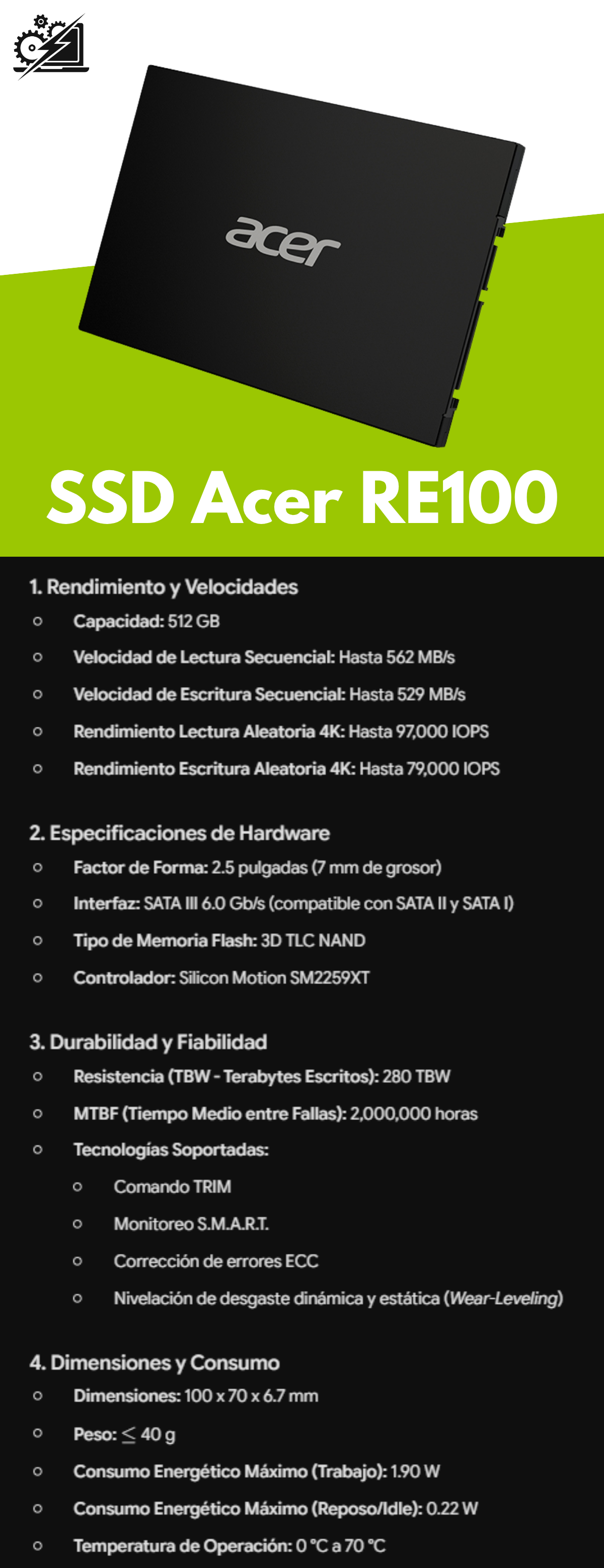 SSD Acer RE100, 512GB, 2.5", SATA III, 529 MB/s Escritura, 562 MB/s Lectura