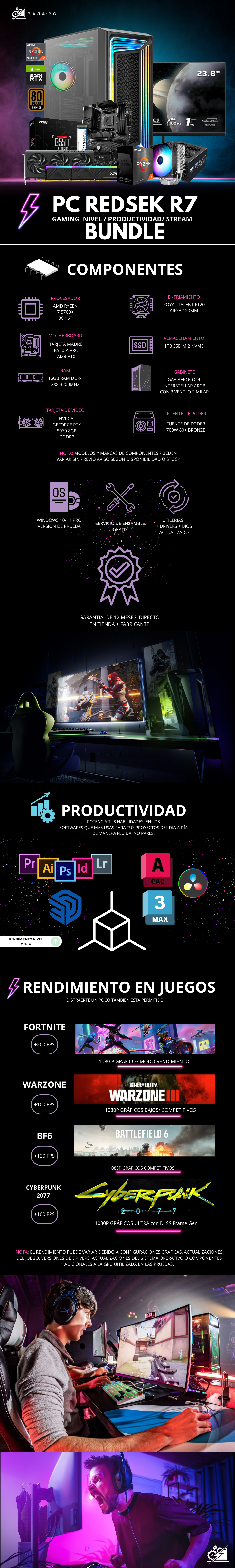 PC REDSEK R7 / AMD RYZEN 7 5700X / RTX 5060 / 16GB RAM / 1TB SSD NVME / FUENTE 700W 80+ BRONZE / DISIPADOR DE TORRE / W11 PRO / INCLUYE MONITOR 23.8" FHD 180HZ 1MS / PROMOCION