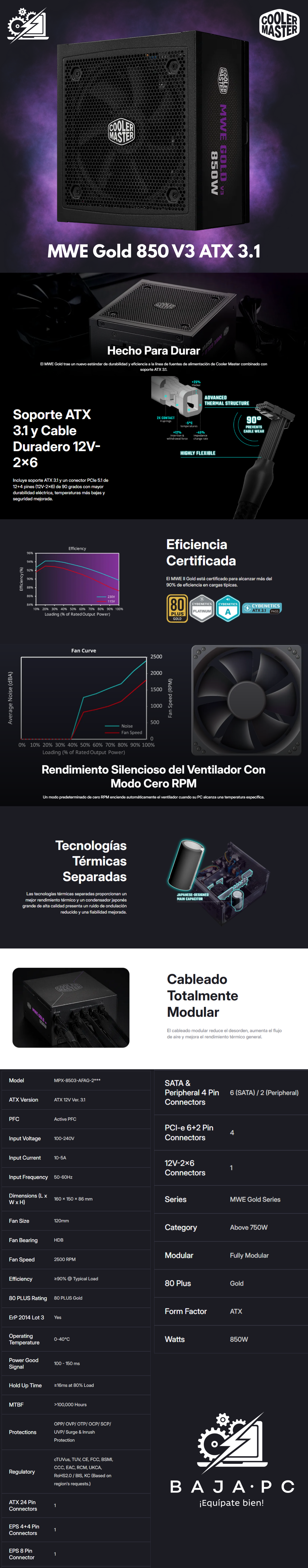 Cooler Master MWE Gold 850 V3 ATX 3.0 Fuente Modular Completa, 850W, 80+ eficiencia Dorada, 90 Grados 12V-2x6|600W PCIe 5.0, condensadores japoneses, Modo Cero RPM, Cubierta de Ventilador