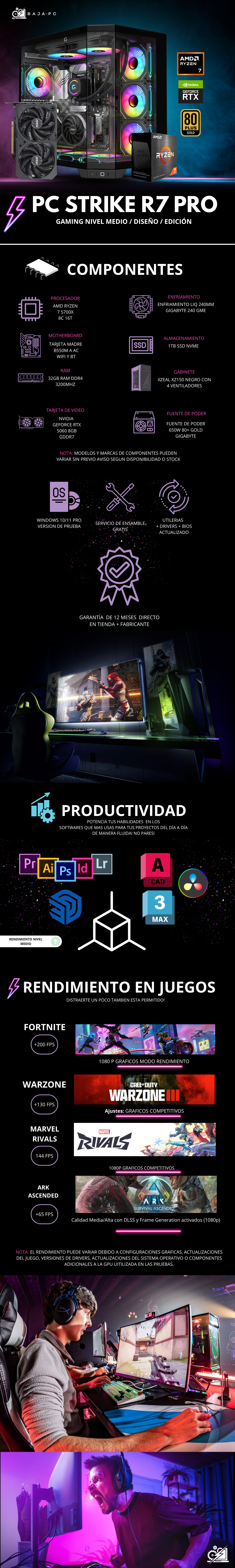 PC STRIKE R7 PRO / AMD RYZEN 7 5700X / RTX 5060 / 32GB RAM / 1TB SSD NVME / ENFRIAMIENTO LIQ 240MM / FUENTE 650W 80+ BRONZE/ B550M / W11 PRO /  PROMOCION