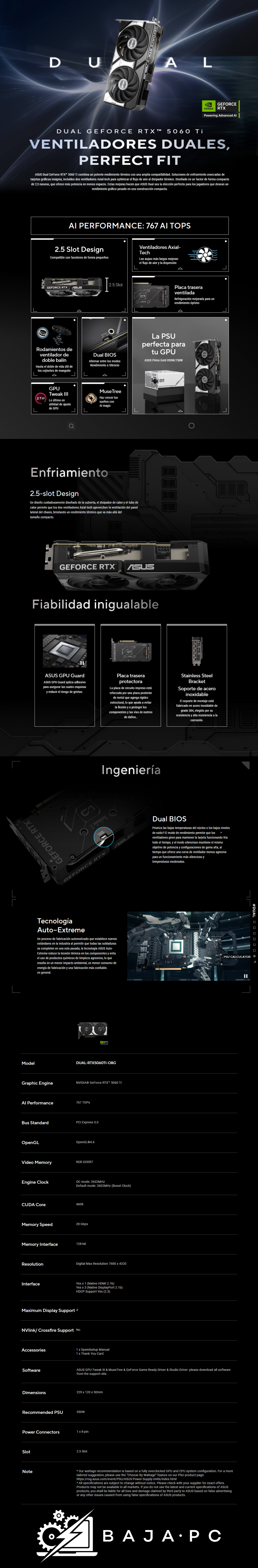 Tarjeta de Video ASUS DUAL RTX 5060 TI 8GB OC Edition / 8GB / GDDR7 / PCI Express Gen 5.0 / DUAL-RTX5060TI-O8G / RTXS50