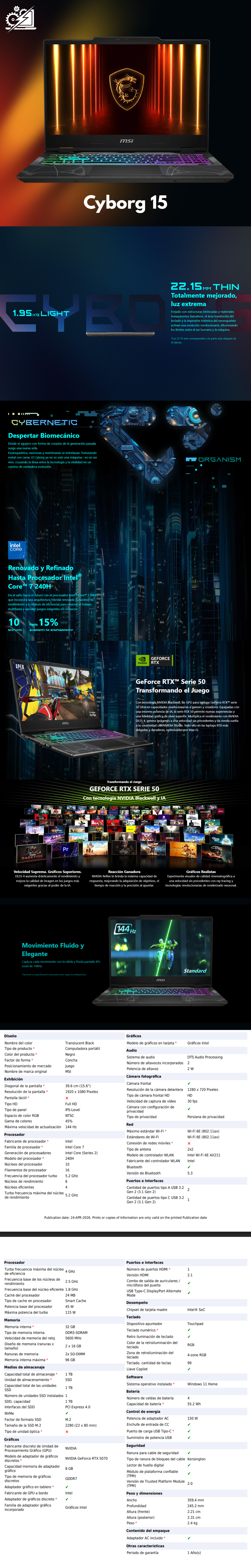 MSI Cyborg 15 - 15.6" GeForce RTX 5070 Laptop GPU - Intel Core 7 240H - 16GB Memory - 1TB SSD - 144 Hz IPS Display - Windows 11 Home