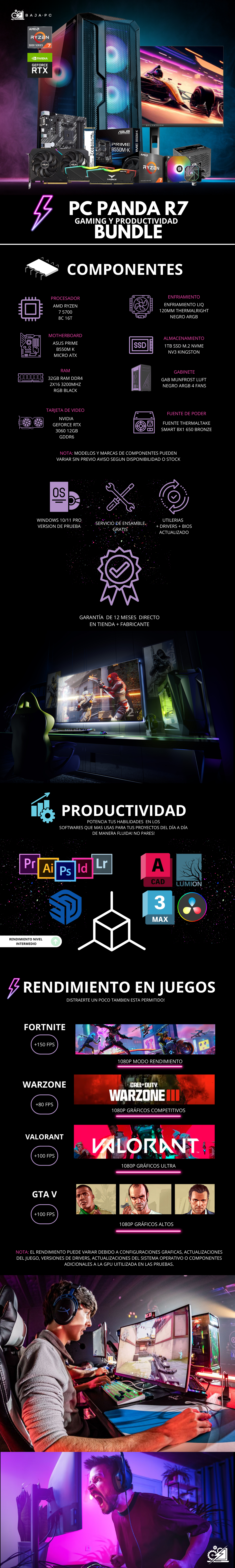 PC PANDA R7 BUNDLE / AMD RYZEN 7 5700 / RTX 3060 / 32GB RAM / 1TB SSD NVME / ENFRIAMIENTO LIQ 120MM / FUENTE DE PODER 650W 80+ BRONZE / PROMOCION