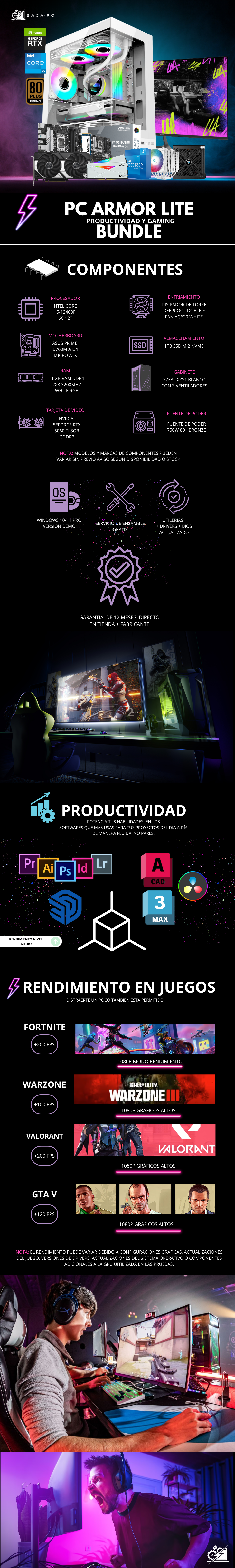 PC ARMOR LITE / INTEL CORE I5-12400F / RTX 5060 TI / 16GB RAM / 1TB SSD NVME / DISIPADOR DE TORRE DOBLE FAN / FUENTE 750W 80+ BRONZE / W11 PRO/ INCLUYE MONITOR 23.8" FHD 144HZ 1MS / PROMOCION