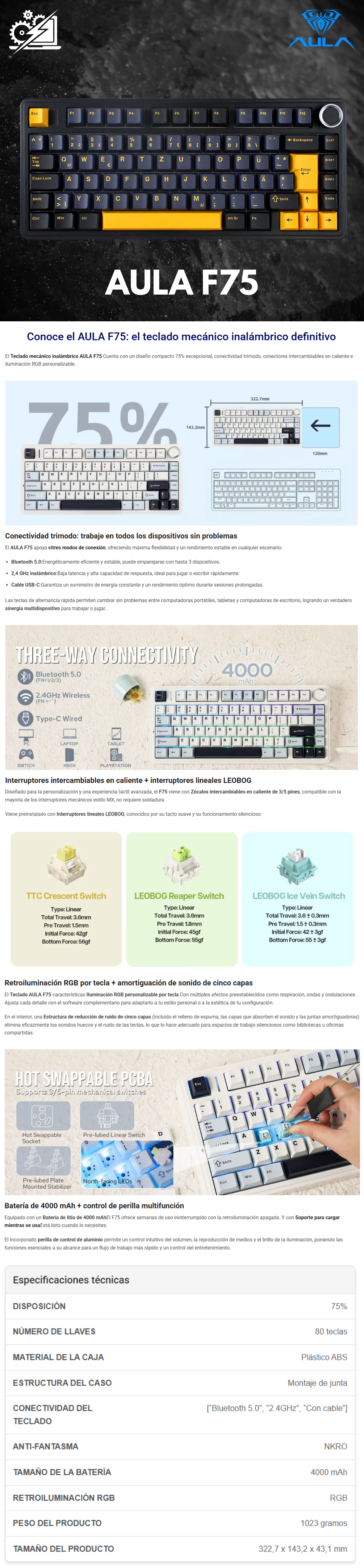Teclado Mecanico Gamer AULA F75 / 75% /  Gasket Mount / RGB / 80 Keys / Bluetooth 5.0 / 2.4GHz / Cable Wired /  4000mAh / Azul Amarillo