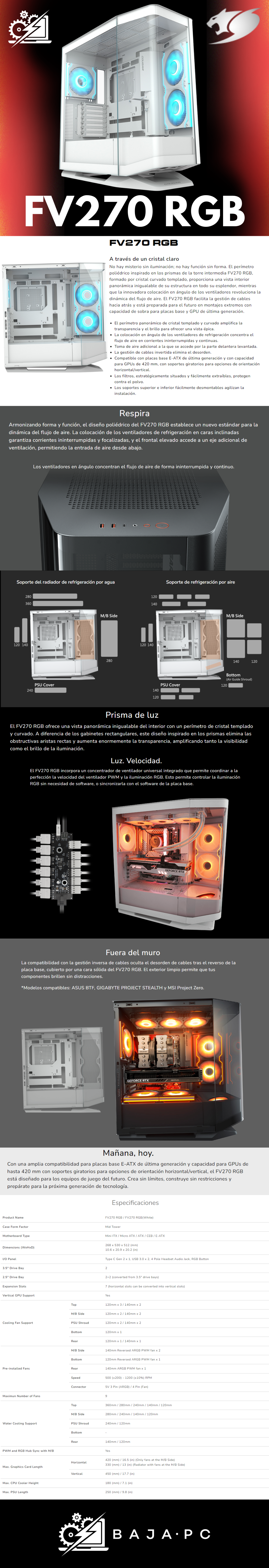 Gabinete Cougar FV270 / MidTower E-ATX / Ventiladores ARGB PWM Integrados / Prisma de Luz / Protector de Filtro / Soporte Sin Herramientas / Blanco / 3858M60.0002