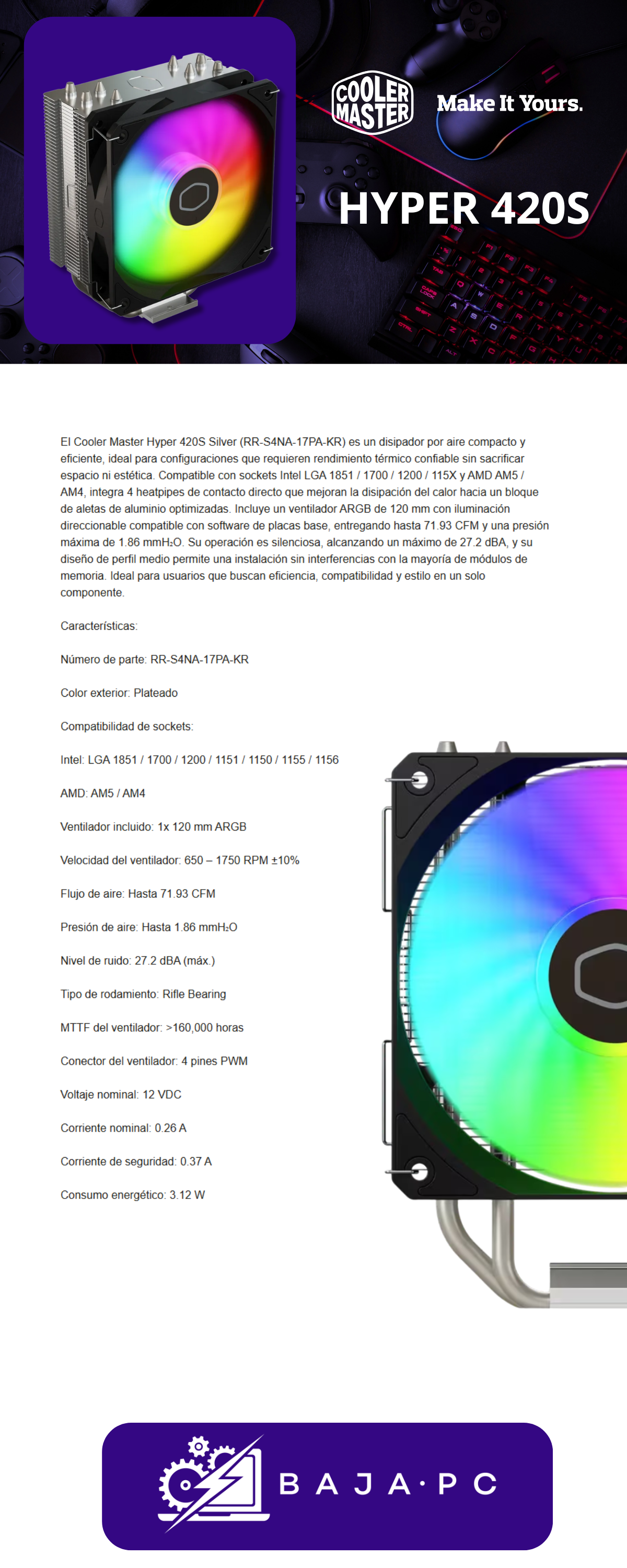 DISIPADOR COOLER MASTER HYPER 420S 120MM ARGB LGA 1700 AM5 NEGRO RR-S4NA-17PA-KR 11M