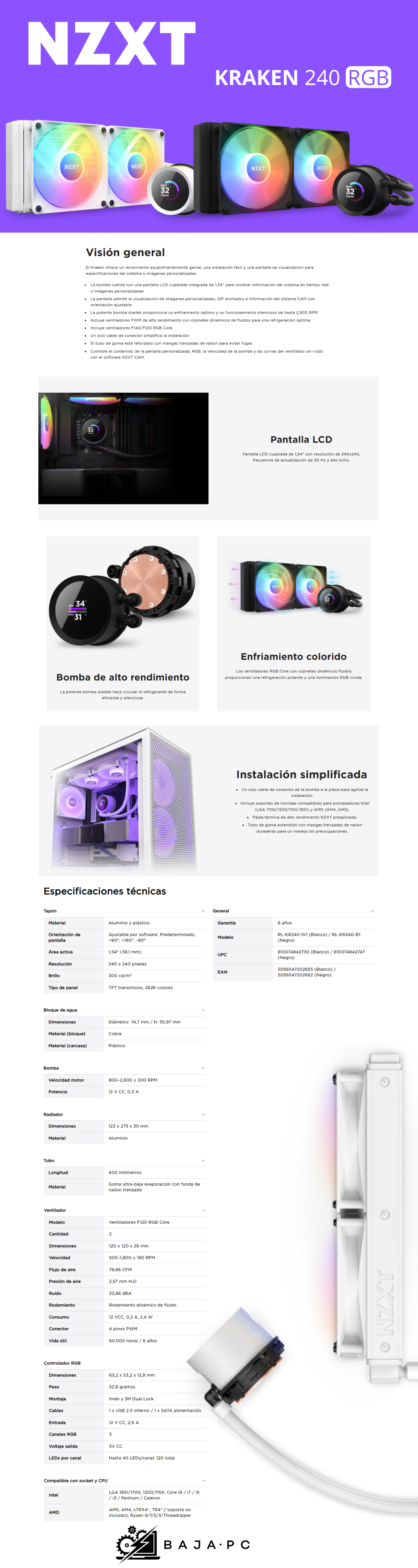 Enfriamiento Liquido NZXT Kraken 240 RGB RL-KR240-W1 / 240mm 120mmx2 F120 RGB / Intel y AMD/ BLANCO