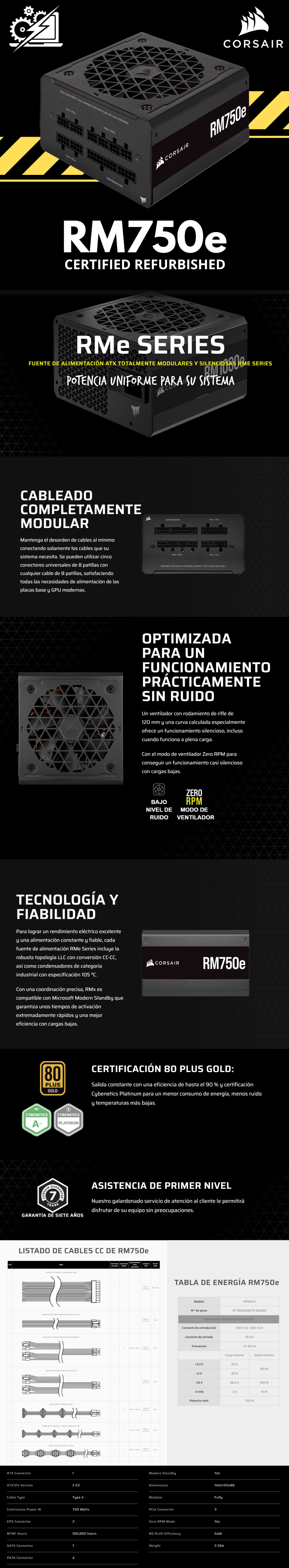 Fuente de Poder Corsair RM750e, 750w/ Negro, Low Noise/ 80 Plus Gold/ Full Modular/Recertificada - CP-9020262-NA/RF