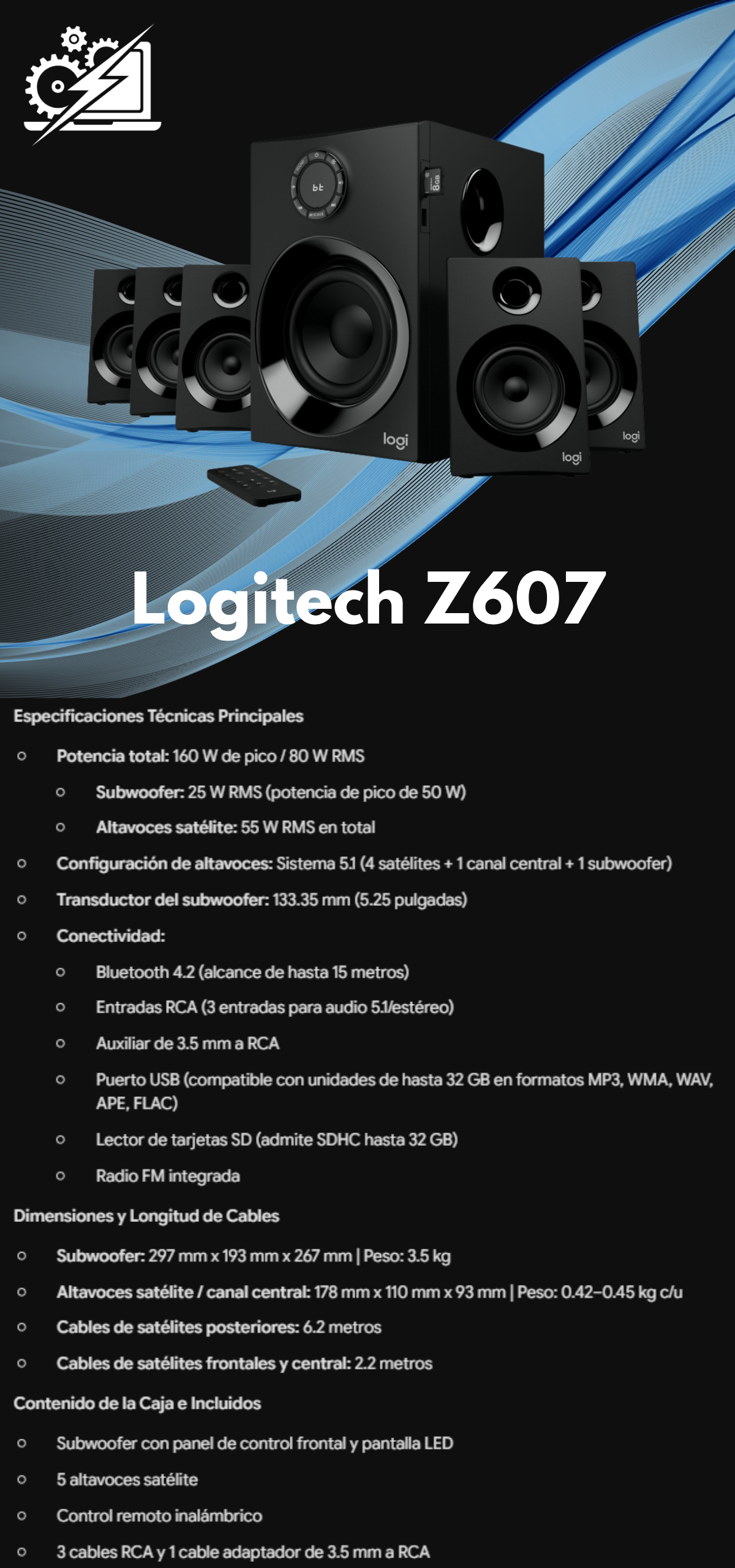 Logitech Sistema de Bocinas con Subwoofer Z607, Bluetooth, Alámbrico, 5.1, 80W RMS, USB, Negro