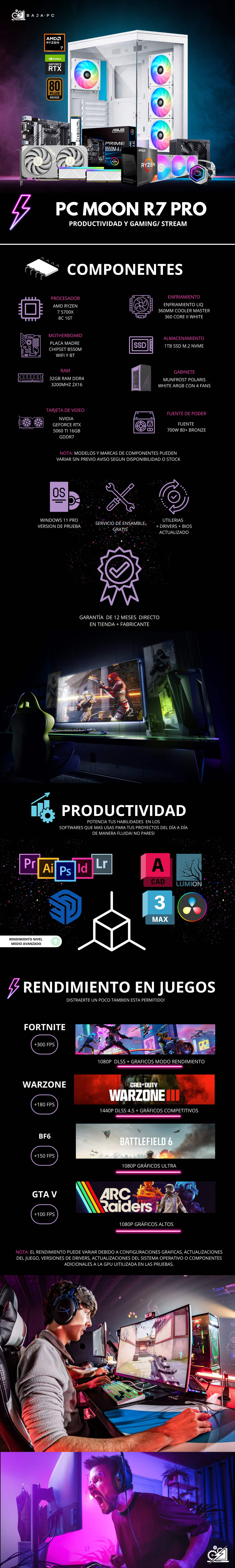 PC MOON R7 PRO / AMD RYZEN 7 5700X/ RTX 5060 TI 16G / 32GB RAM / 1TB SSD NVME / ENFRIAMIENTO LIQ 360MM / FUENTE 700W 80+ BRONZE / W11 PRO / PROMOCION