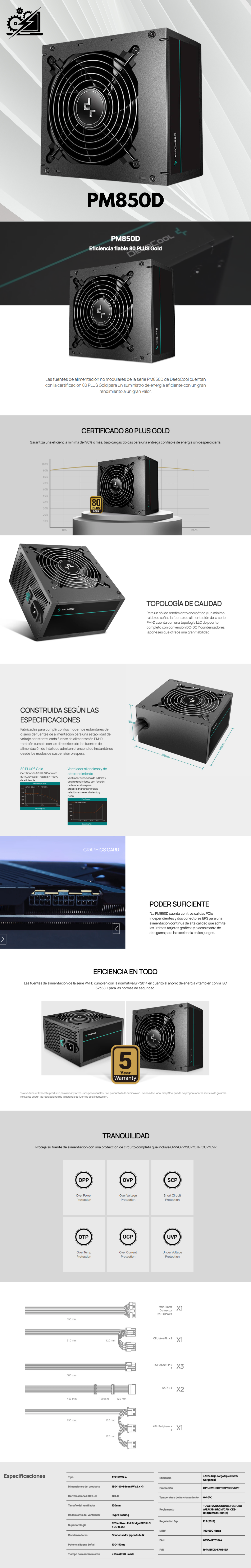 Fuente de Poder DeepCool PM850D 80+ Gold / 20+4 pin / ATX / 120mm / 850W / R-PM850D-FA0B-US