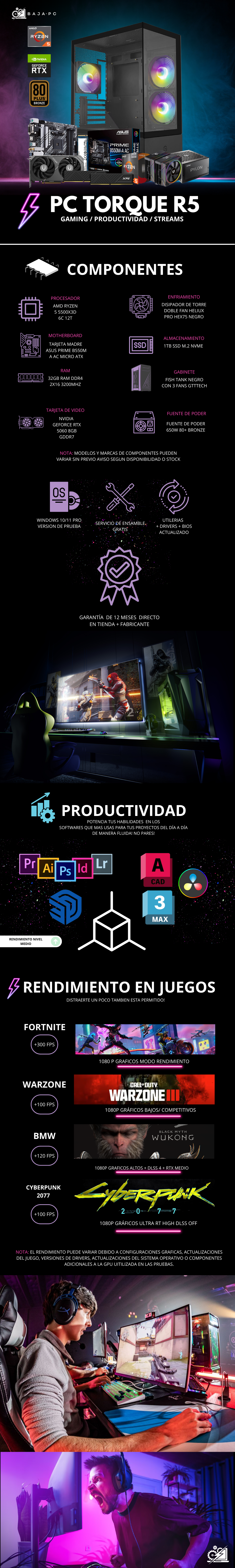 PC TORQUE R5 / AMD RYZEN 5 5500X3D / RTX 5060 / 32GB RAM / 1TB SSD M.2 NVME / DISIPADOR DE TORRE DOBLE FAN/ FUENTE 650W 80+ BRONZE / WIFI Y BLUETOOTH / W11 PRO / PROMOCION
