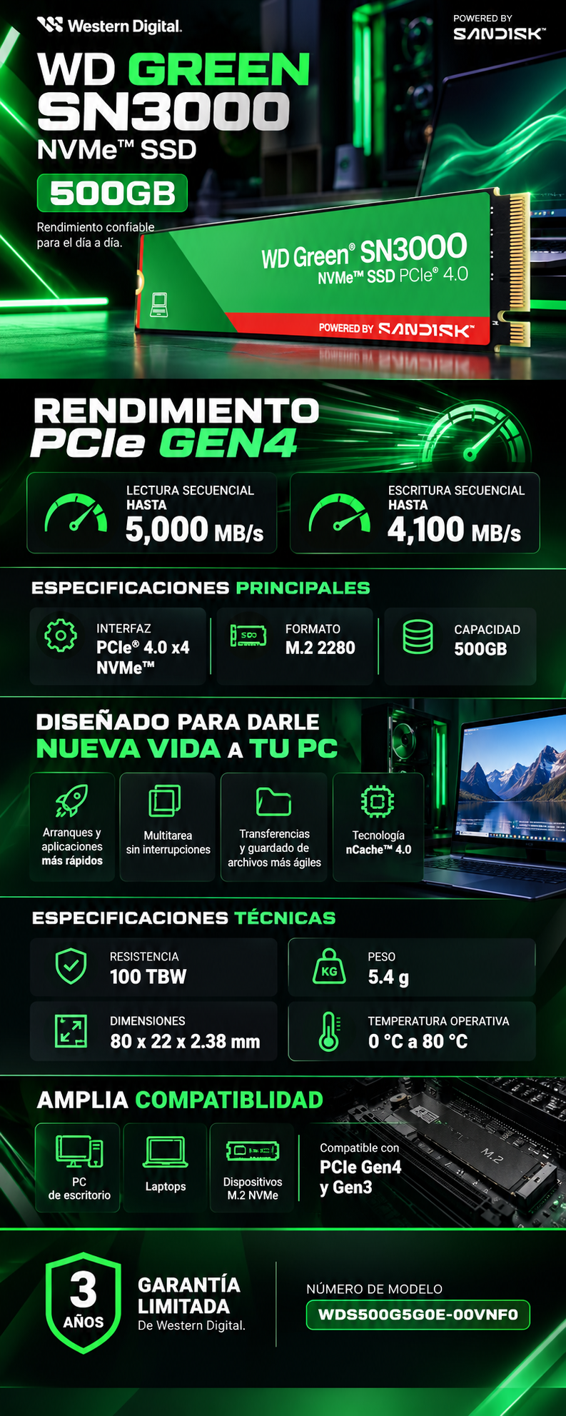 Unidad de Estado Sólido SSD WD Green SN3000 NVMe / 500GB / M.2 / 4100 MB/s Escritura / 5000 MB/s Lectura / PCI Express 4.0 / WDS500G4G0E-00CPS0