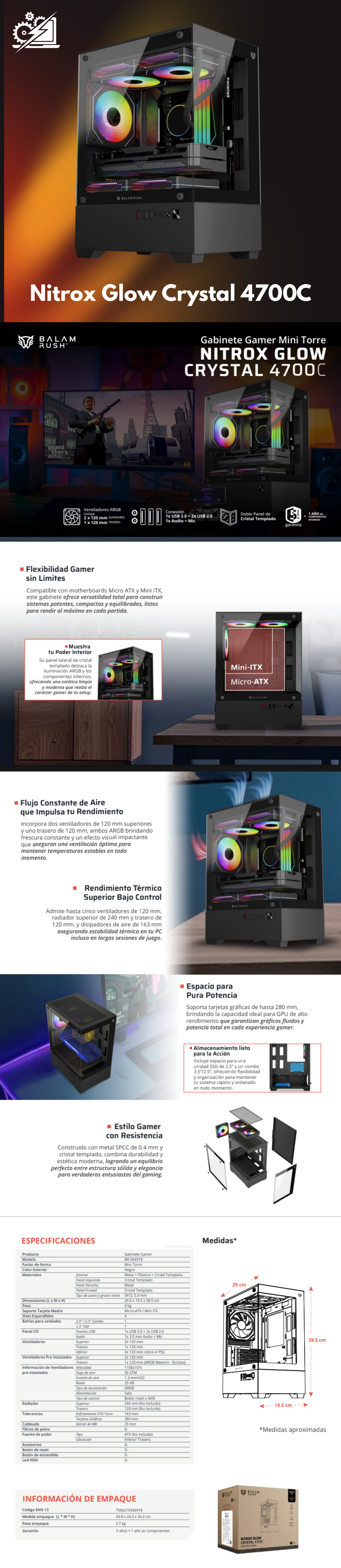 Gabinete Balam Rush NITROX GLOW CRYSTAL 4700C, Mini-Tower, Micro-ATX/Mini-ITX, USB 2.0/3.0, sin Fuente, 3 Ventiladores Instalados, Negro