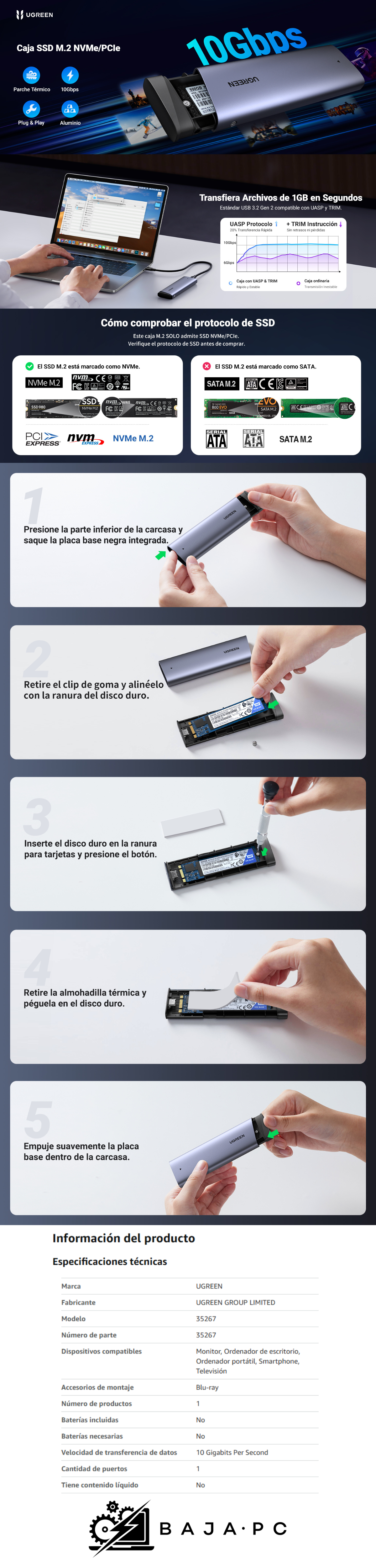 CARCASA PORTABLE PARA M.2 NVME/ UGREEN/ 2230 /2242 /2260 /2280/ 10GBPS