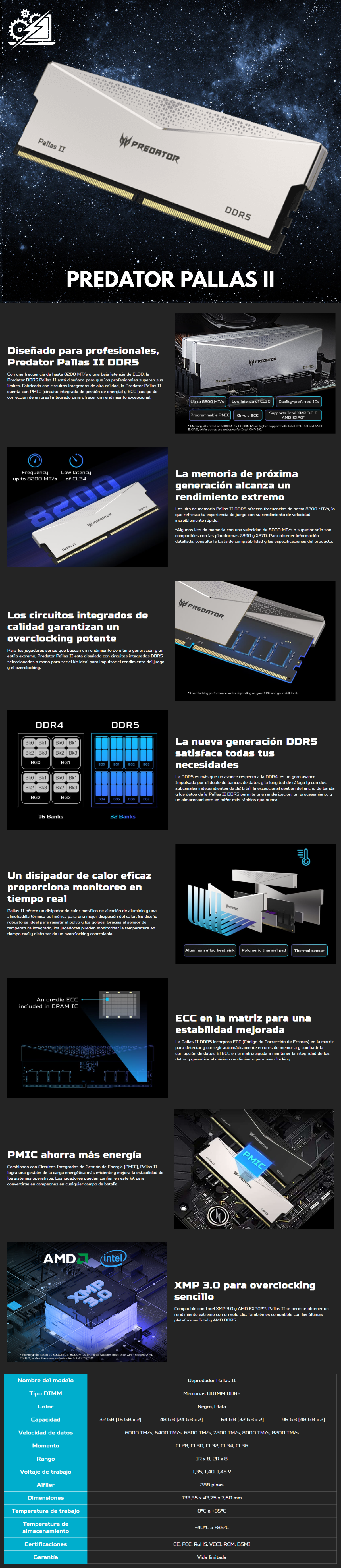Memoria Ram Predator Pallas II 32GB DDR5 / 2X16 / 6400MHZ / SILVER