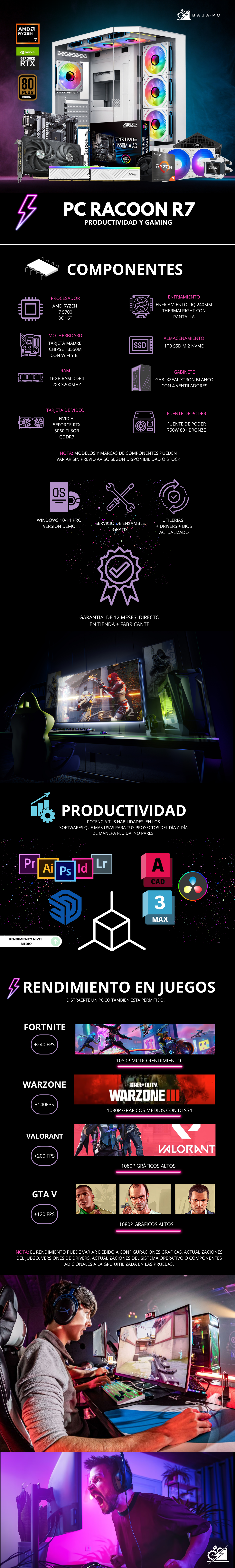 PC RACOON R7 / AMD RYZEN 7 5700 / RTX 5060 TI 8GB / 16GB RAM/ 1TB SSD NVME / FUENTE 750W 80+ BRONZE / ENFRIAMIENTO LIQUIDO 240MM / B550M / WIFI Y BT / W11 PRO / PROMOCION