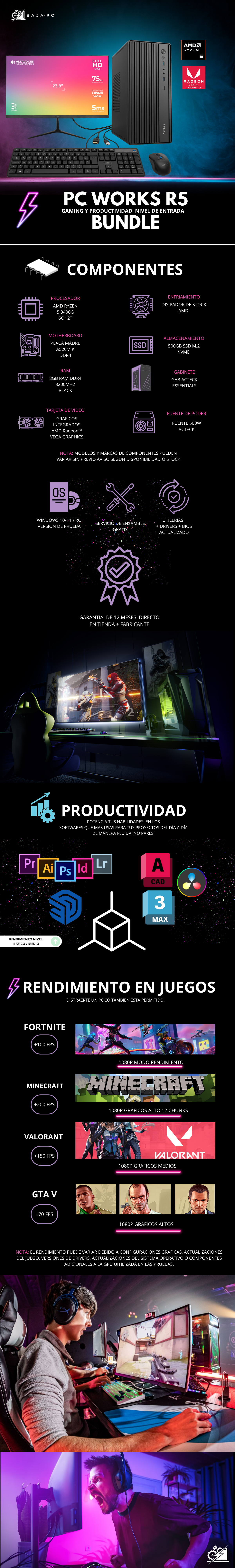 PC WORKS R5 / AMD RYZEN 5 3400G / 8GB RAM / 500GB SSD NVME / A520M / MONITOR 24" FHD 75HZ HDMI / KIT TECLADO Y MOUSE / W11 PRO / PROMOCION