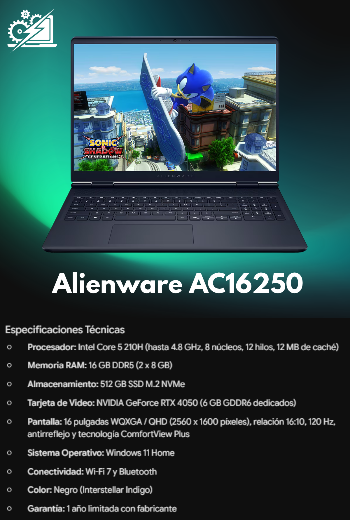 Laptop gamer Alienware AC16250 16 pulgadas WQXGA Intel Core i5 NVIDIA GeForce RTX 4050 16 GB Ram 512 GB SSD