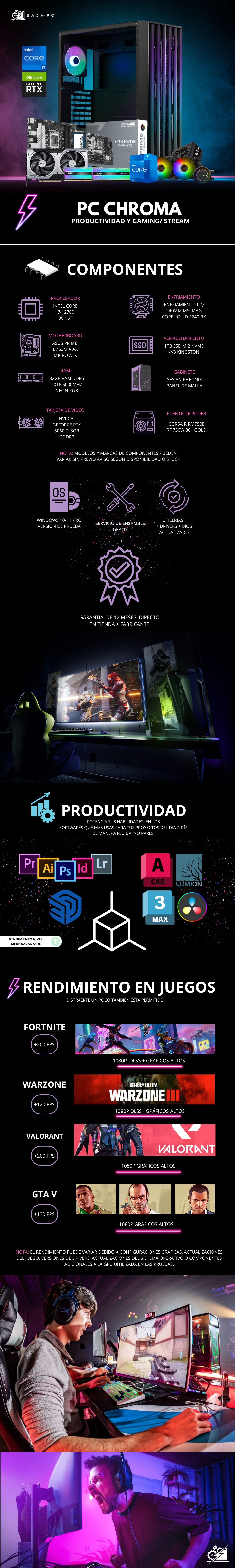PC CHROMA / INTEL CORE I7-12700 / RTX 5060 TI / 32GB RAM DDR5 / 1TB SSD NVME / ENFRIAMIENTO LIQ 240MM / FUENTE 750W 80+ GOLD /PROMOCION