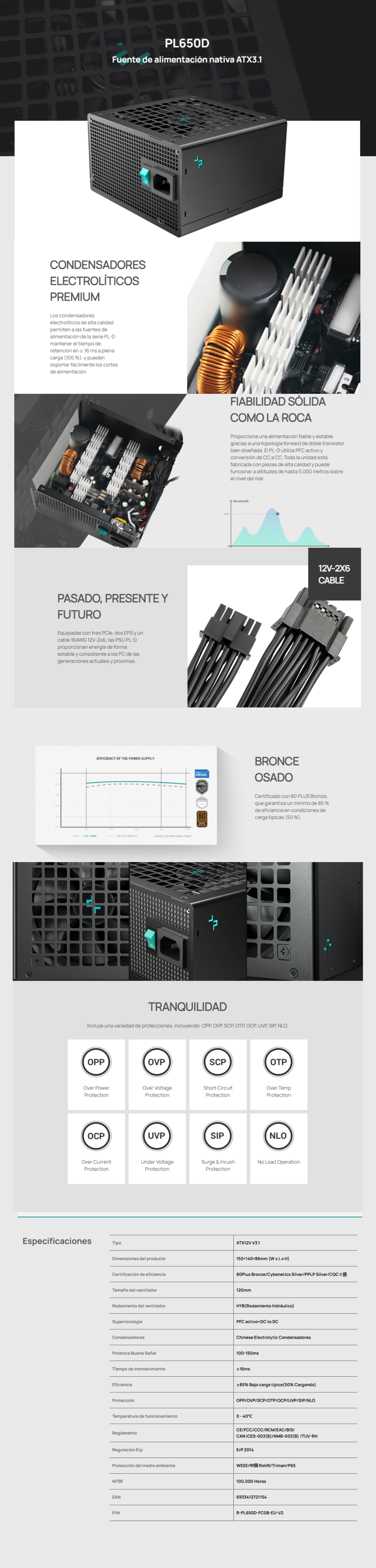 Fuente De Poder DEEPCOOL PL650D / 650W / 80+ Bronze /R-PL650D-FC0B-US-V2