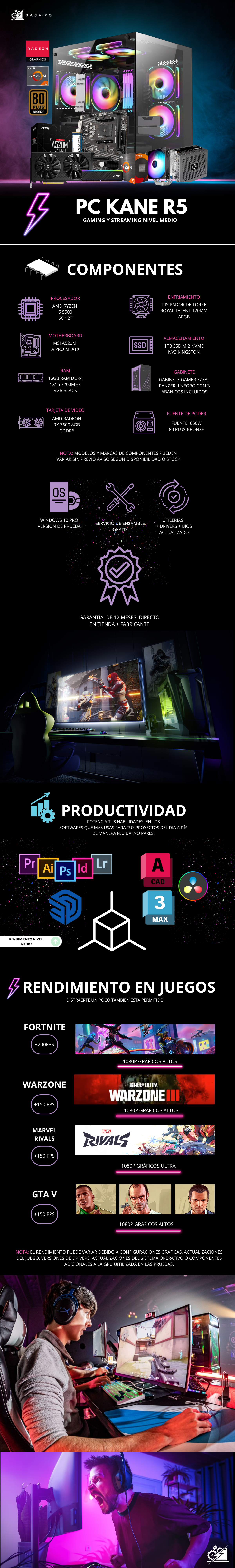 PC KANE R5 / AMD RYZEN 5 5500 / RADEON RX 7600 / 16GB RAM / 1TB SSD NVME / DISIPADOR DE TORRE / FUENTE 650W 80+ BRONZE / PROMOCION