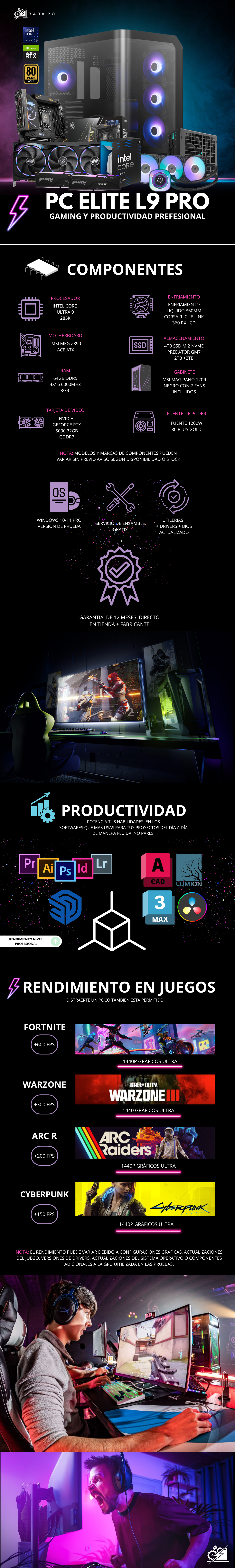 PC ELITE L9 PRO / INTEL CORE ULTRA 9 285K / RTX 5090 32G / 64GB RAM DDR5 / 4TB SSD NVME / Z890 / ENFRIAMIENTO LIQ 360MM CON PANTALLA / FUENTE 1200W 80+ GOLD / W11 PRO / PROMOCION