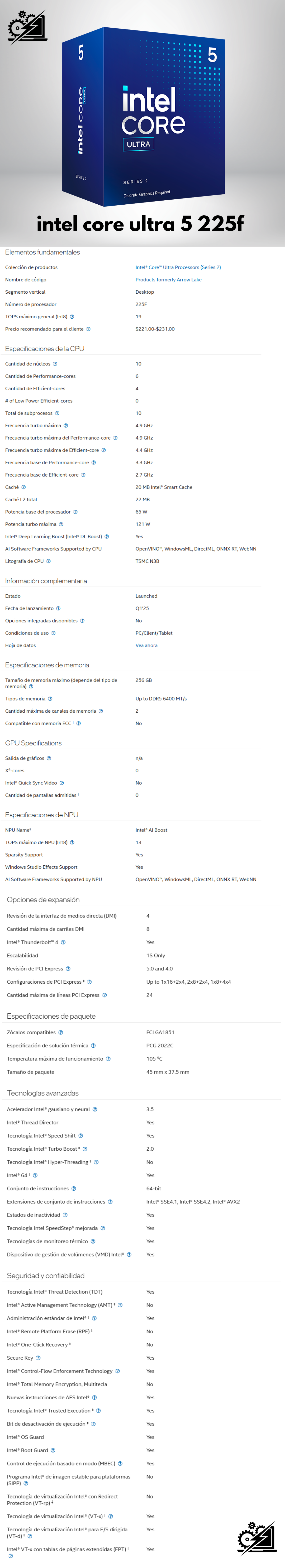 Procesador Intel Core Ultra 5 225F / LGA 1851 / 4.90GHz / 10 Núcleos / 20MB Caché / Incluye Disipador / Ultra Series 2 Arrow Lake