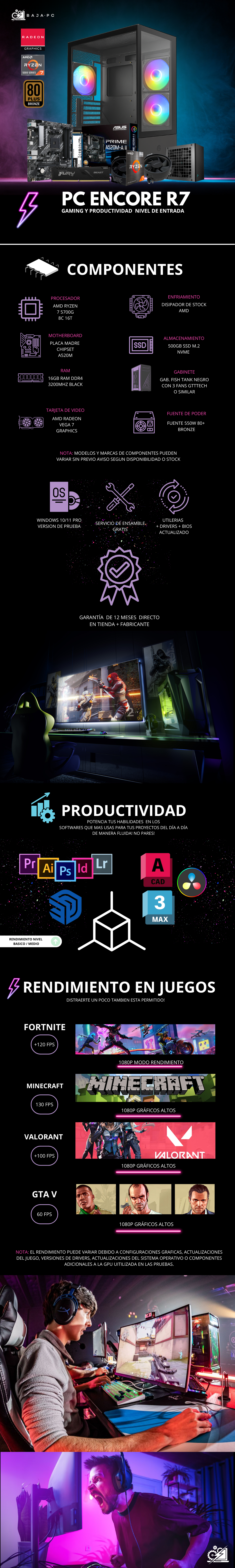 PC ENCORE R7 / AMD RYZEN 7 5700G / RADEON VEGA GRAPHICS / 16GB RAM / 500GB SSD NVME / DISIPADOR DE STOCK / FUENTE 550W 80+ BRONZE / W11 PRO / PROMOCION