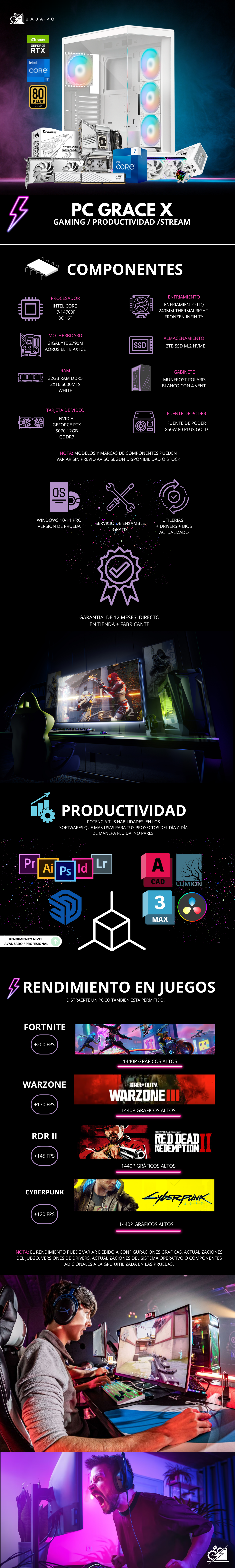 PC GRACE X / INTEL CORE I7-14700F / RTX 5070 12G / 32GB RAM DDR5 / 2TB SSD NVME / FUENTE 850W 80+ GOLD / ENFRIAMIENTO LIQ 240MM / W11 PRO / PROMOCION