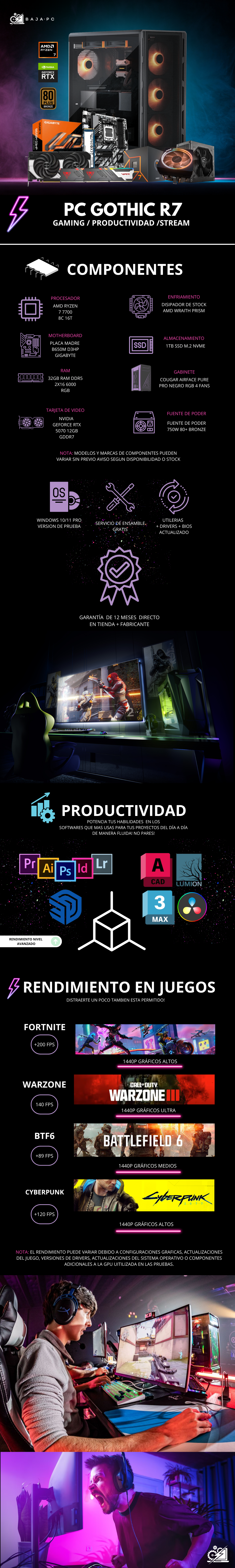 PC GOTHIC R7/ AMD RYZEN 7 7700 / RTX 5070 / 32GB RAM DDR5 / 1TB SSD NVME / DISIPADOR DE TORRE / FUENTE 750W 80+ BRONZE / W11 PRO / PROMOCION