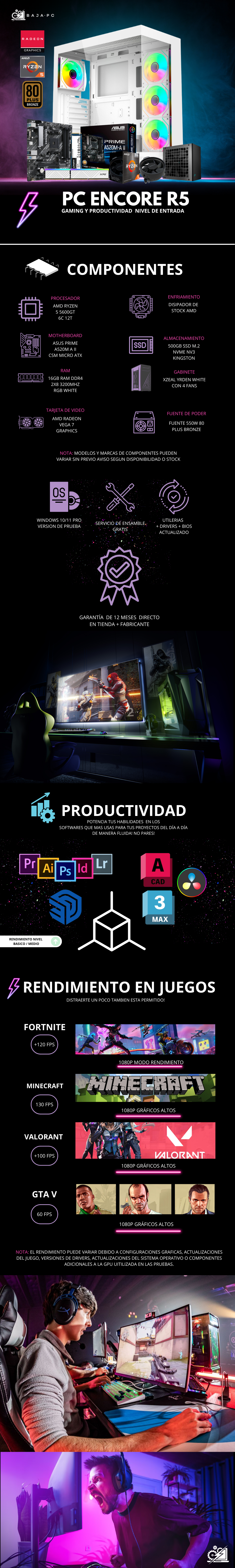 PC ENCORE R5 / AMD RYZEN 5 5600GT / RADEON VEGA GRAPHICS / 16GB RAM / 500GB SSD M.2 NVME / FUENTE 550W 80+ BRONZE / PROMOCION
