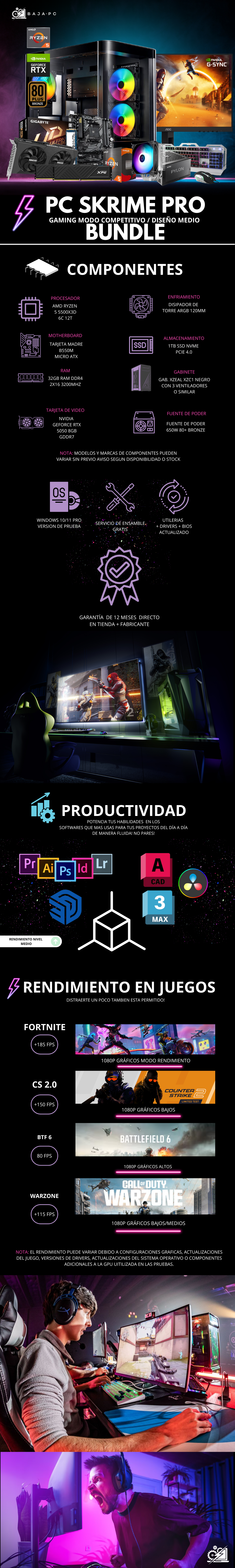 PC SKRIME PRO BUNDLE / AMD RYZEN 5 5500X3D / RTX 5050 / 32GB RAM / 1TB SSD NVME/ B550M / WIFI/ BLUETOOTH / DISIPADOR DE TORRE ARGB / FUENTE 650W 80+ BRONZE / MONITOR 23.8" FHD 144HZ 0.5MS / KIT TECLADO Y MOUSE / W11 PRO / PROMOCION