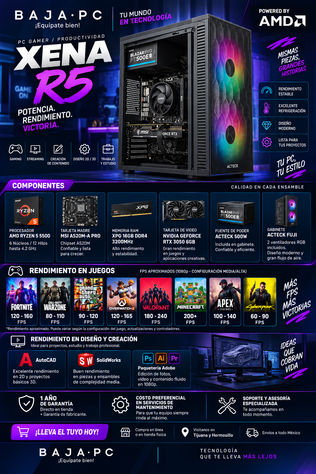 PC XENA R5 / AMD RYZEN 5 5500 / RTX 3050 / 16GB RAM / 1TB SSD NVME / FUENTE 500W / DISIPADOR DE STOCK / W11 PRO / PROMOCION