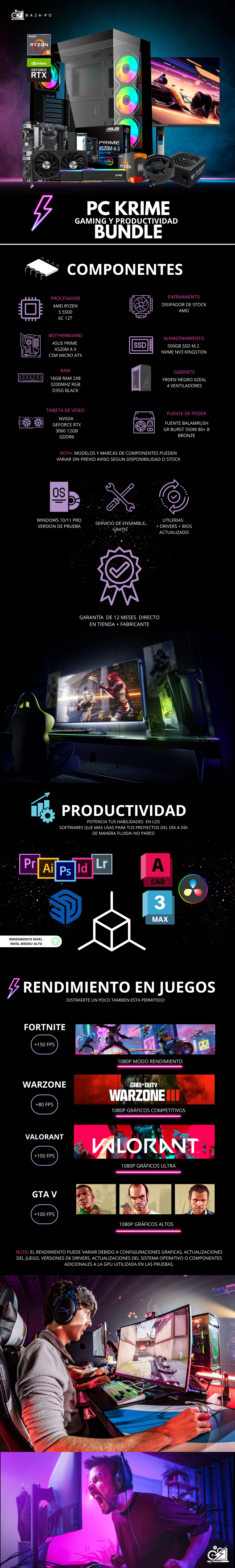 PC KRIME BUNDLE / AMD RYZEN 5 5500 / RTX 3060 12GB / 16GB RAM / 500GB SSD NVME / DISIPADOR DE STOCK / FUENTE 550W 80+ BRONZE/ INLCUYE MONITOR 23.8" FHD 165HZ 1MS/ PROMOCION