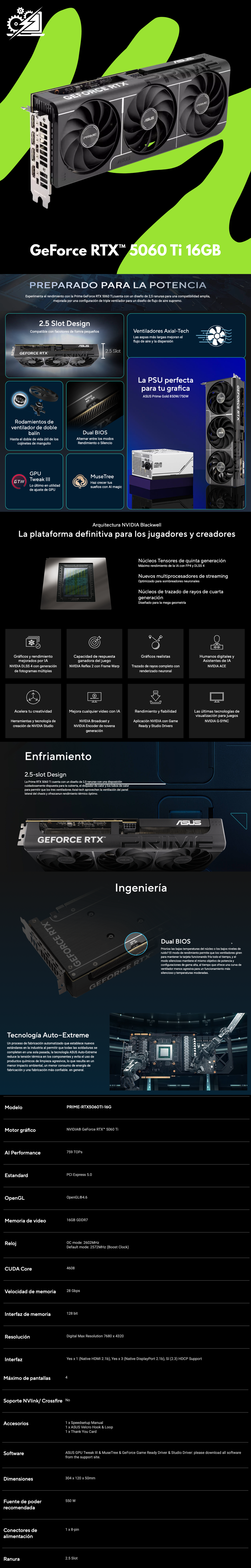 Tarjeta de Video ASUS PRIME RTX 5060 TI 16GB / 16GB / GDDR7 / PCI Express Gen 5.0