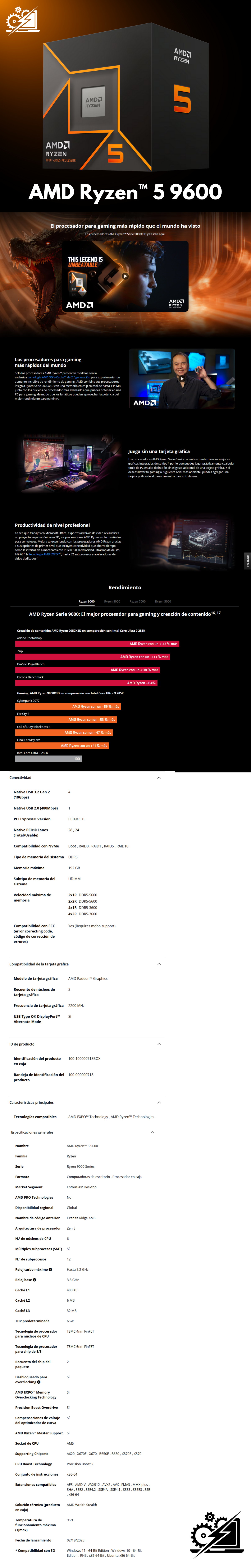 Procesador AMD Ryzen 5 9600 / 6 Core / 12 Thread / 5.2GHz Boost / AM5 / TDP 65W / AMD Radeon™ Graphics / Requiere Disipador / Incluye Actualizar Tarjeta Madre / 100-100000718BOX