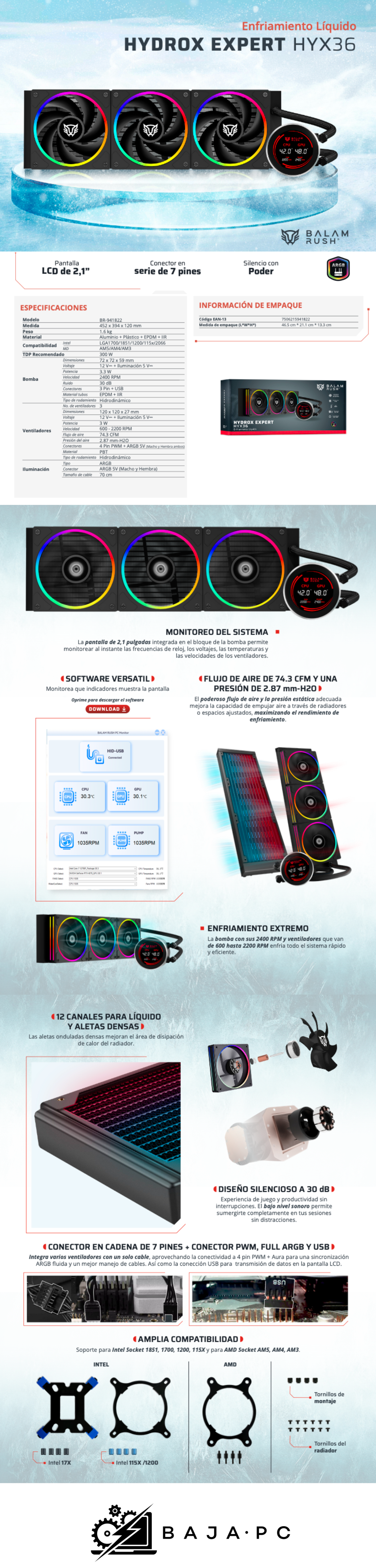 Enfriamiento Liquido BAMLAM RUSH HYDROX EXPERT HYX36 Sistema de enfriamiento liquido, Display LCD 2.1 Pulgadas