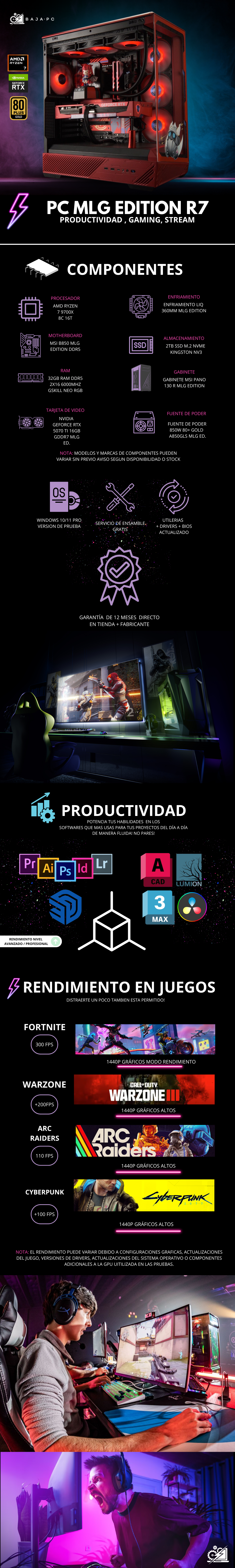 PC MLG EDITION R7 / AMD RYZEN 7 9700X / RTX 5070 TI MLG EDITION / 32GB RAM DDR5 / 2TB SSD NVME / FUENTE 850W 80+ GOLD / ENFRIAMIENTO LIQ 360MM MLG / B850 MLG / W11 PRO / PROMOCION
