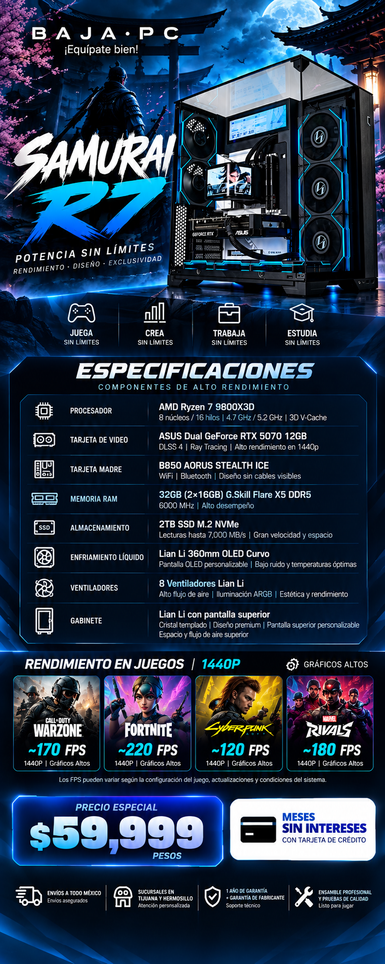 PC SAMURAI R7 / AMD RYZEN 7 9800X3D / RTX 5070 12GB / 32GB RAM DDR5 / 2TB SSD NVME / ENFRIAMIENTO LIQUIDO 360MM OLED CURVO / 850W 80+ GOLD / W11 PRO / PROMOCION