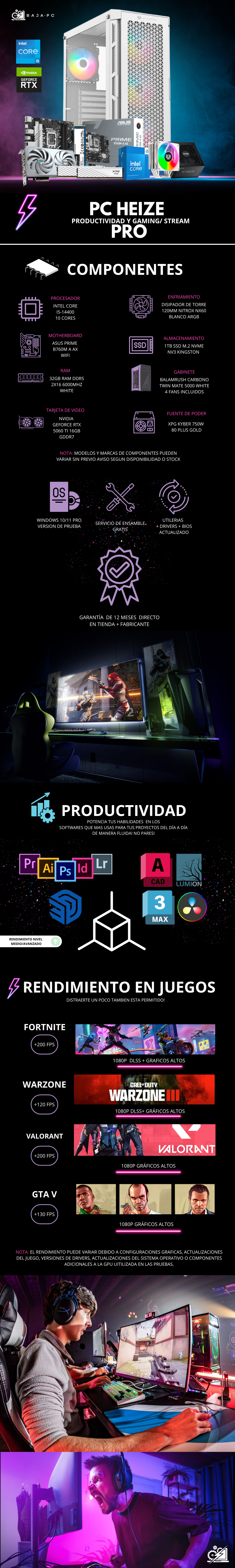 PC HEIZE PRO / INTEL CORE I5-14400 / RTX 5060 TI / 32GB RAM DDR5 / 1TB SSD M.2 NVME / DISIPADOR DE TORRE / FUENTE 750W 80+ GOLD / PROMOCION