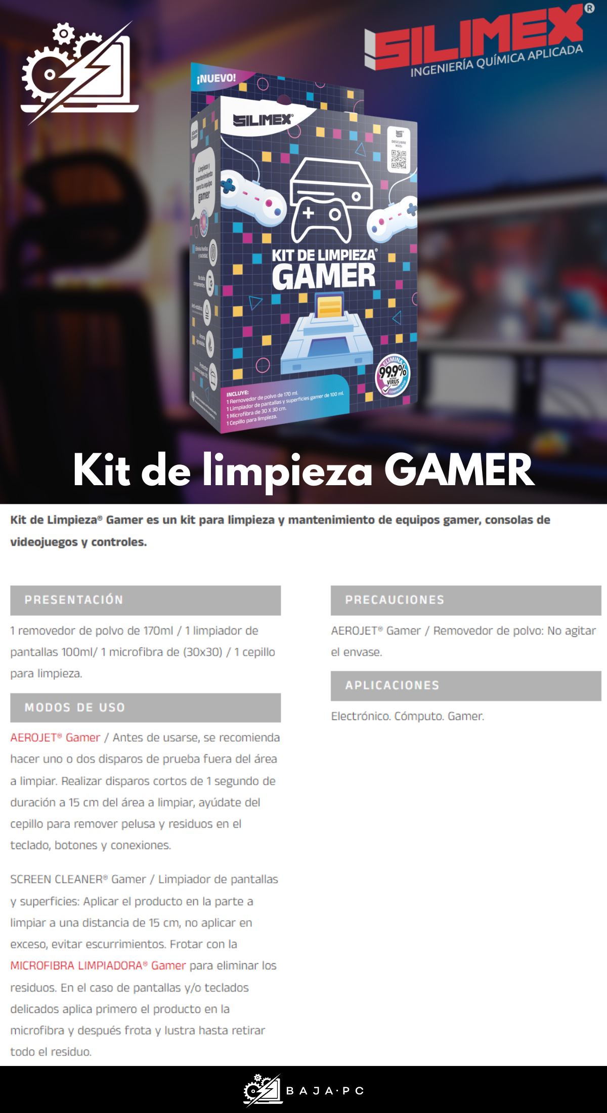 Kit de limpieza Gamer® Silimex / 1 removedor de polvo de 170ml / 1 limpiador de pantallas 100ml/ 1 microfibra de (30x30) / 1 cepillo para limpieza.