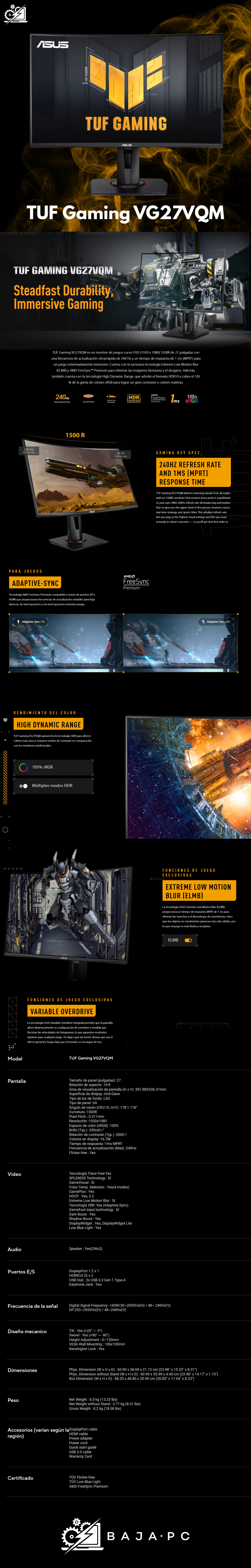 Asus Monitor Gamer curvo TUF Gaming VG27VQM, Full HD de 27 pulgadas (1920x1080), 240 Hz, Extreme Low Motion Blur™, Adaptive-sync, Freesync™ Premium, 1 ms